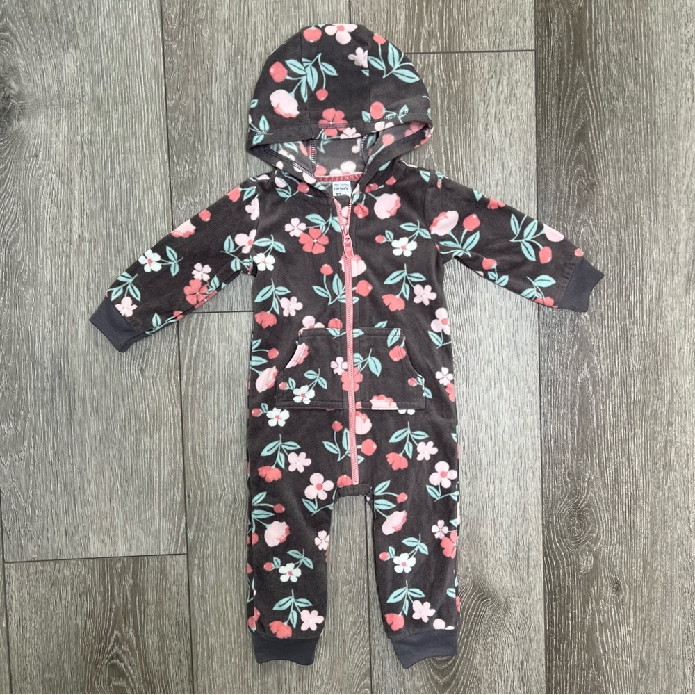 CARTERS FLEECE HOODED ZIP UP ROMPER ONE PIECE 12MO